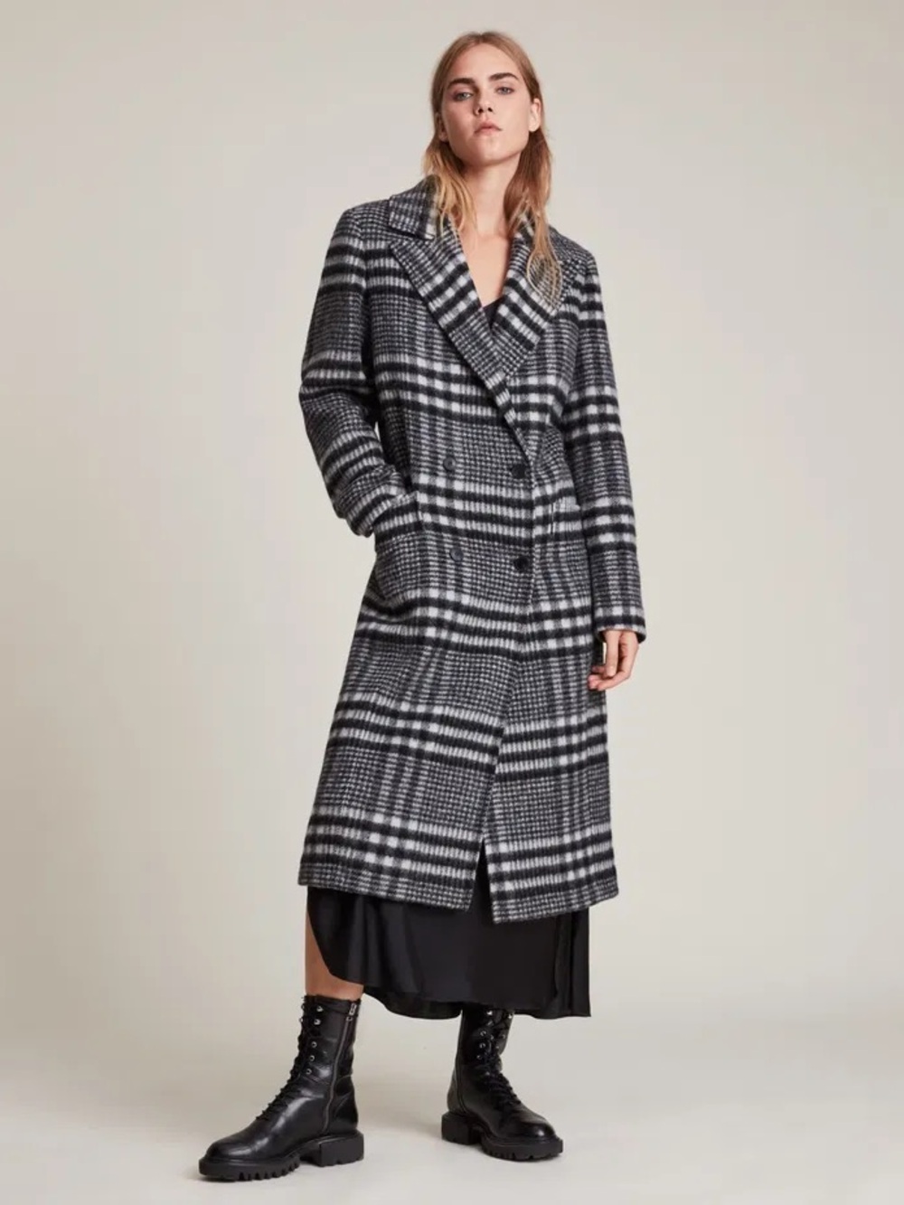 NWT ALL SAINTS Ensley Wool Blend Check Coat in Black / White *READ DESCRIPTION